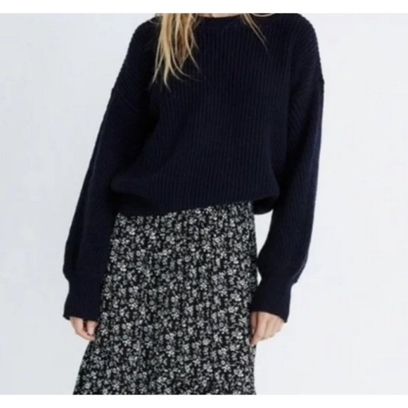 Madewell Sweaters - MADEWELL Balloon-Sleeve Pullover Sweater in Black Large Cotton Knit Crewneck
